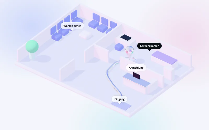 Illustration: 3D-Grundriss einer Praxis mit dem Weg des Patienten vom Eingang über die Anmeldung ins Sprechzimmer